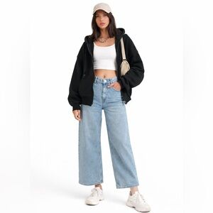 LIONESS Wide Leg Baggy Jean Denim 100% cotton washed blue Size XXL 14 16